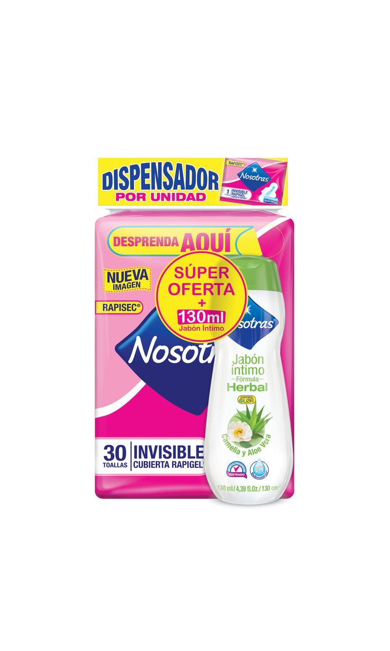 TOALLAS-HIGIENICAS-NOSOTRAS-INVISIBLE-RAPIGEL-30-UNDS--JABON-INTIMO-130ML