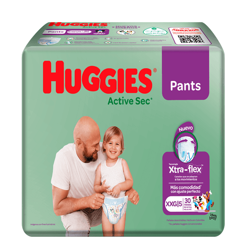 Pañal Huggies Pants Active Sec Ajuste Perfecto Etata 5 Xxg 30 Unds.
