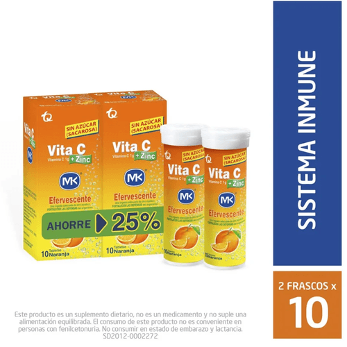Vitamina Vita C + Zinc 2 Efervescente 2 Tubos Por 10 Tabletas  Naranja Mk